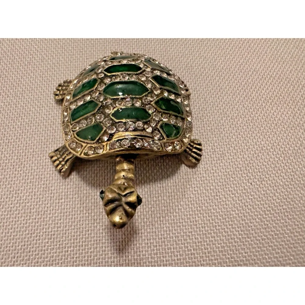 Bejeweled Turtle Trinket Bok Green‎ & Rhinestone 2.5